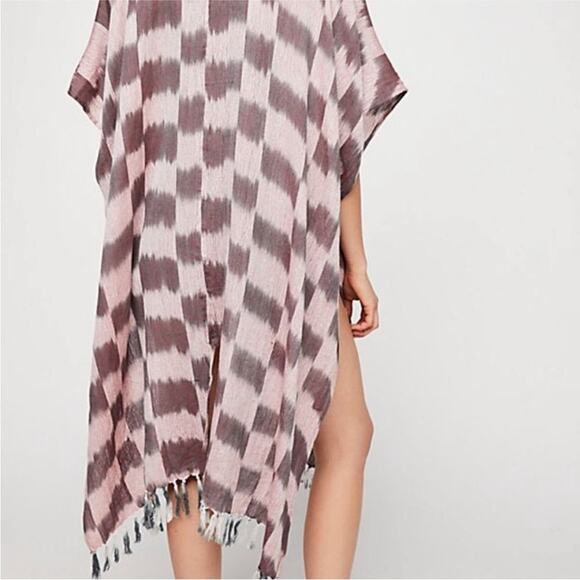 Free People Morning Glow Kimono Fringe Check Print One Size - Picture 2 of 7